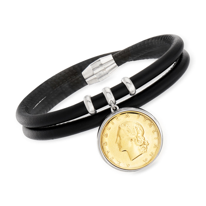 Black leather bracelet with sterling silver coin charm, gold-toned Italian coin