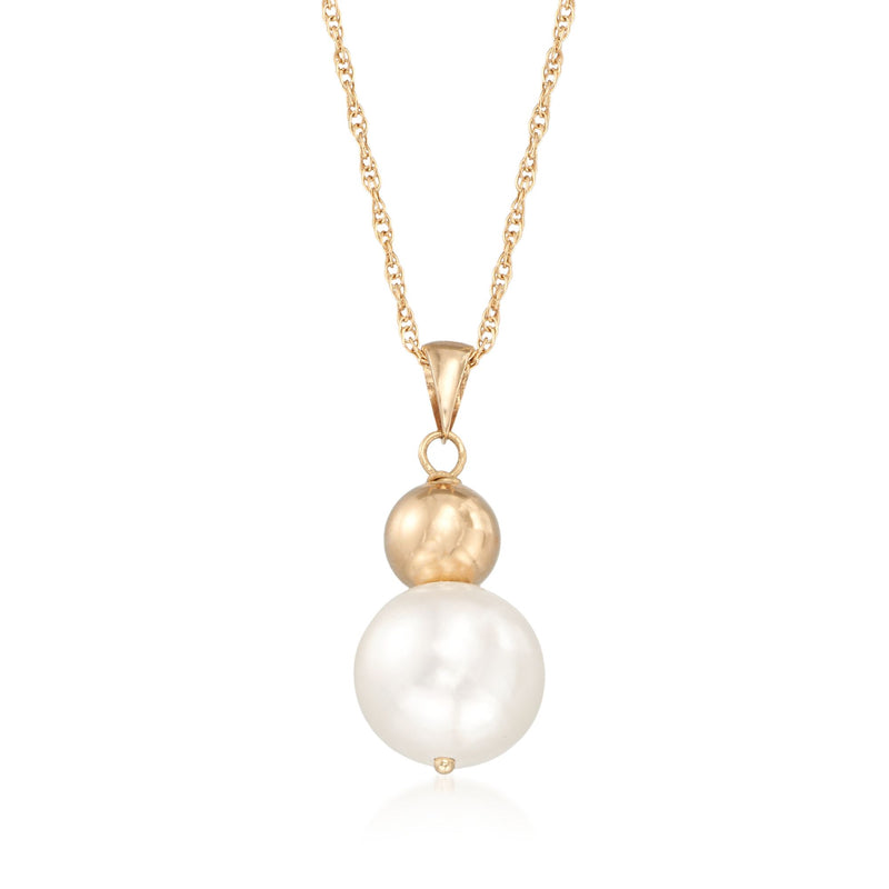 14kt yellow gold necklace with large white cultured pearl and small gold bead pendant