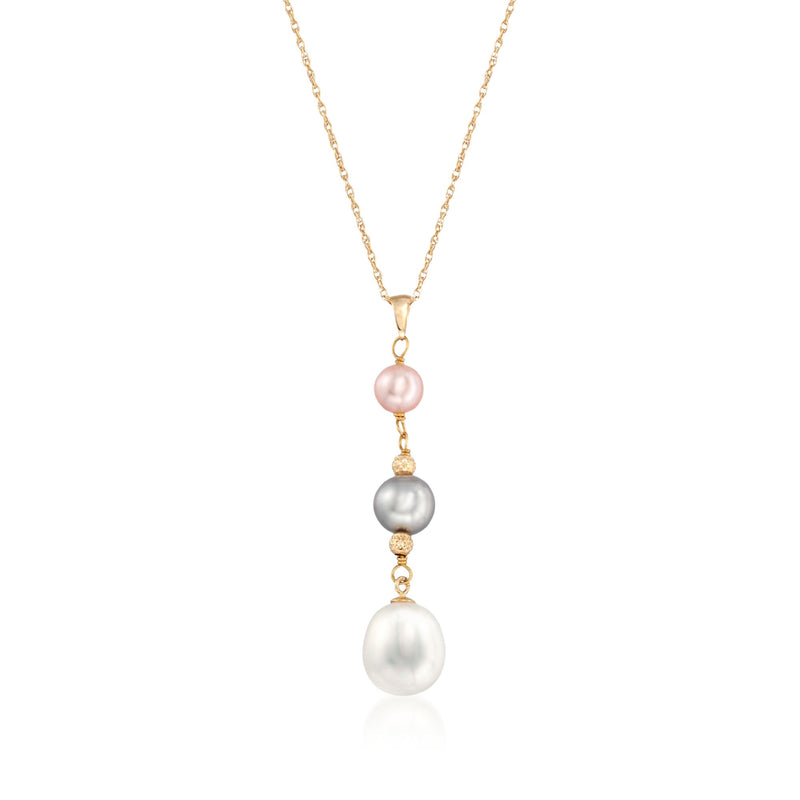 14kt yellow gold pendant necklace with multicolor cultured pearl drops: pink, gray, white.