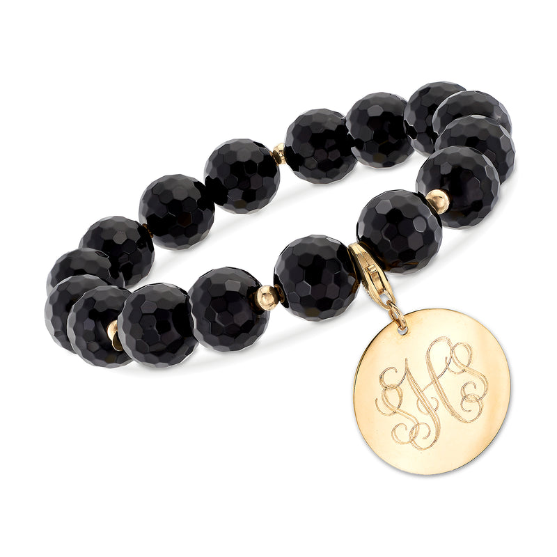 Black onyx bead stretch bracelet with round 14kt yellow gold monogram disc
