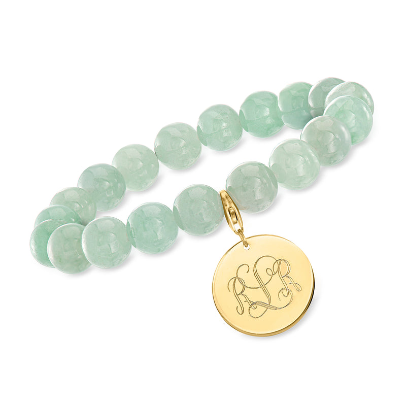 Jade bead stretch bracelet with 14kt yellow gold round disc monogram charm
