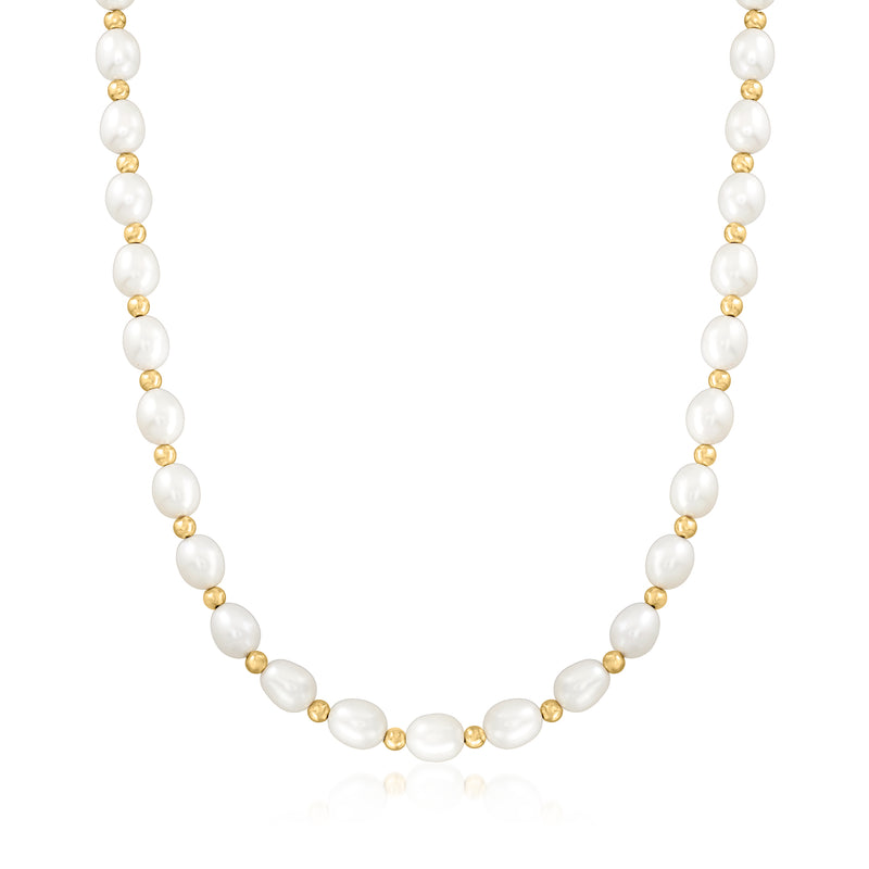 Oval cultured pearl necklace with 14kt yellow gold bead accents, full strand view