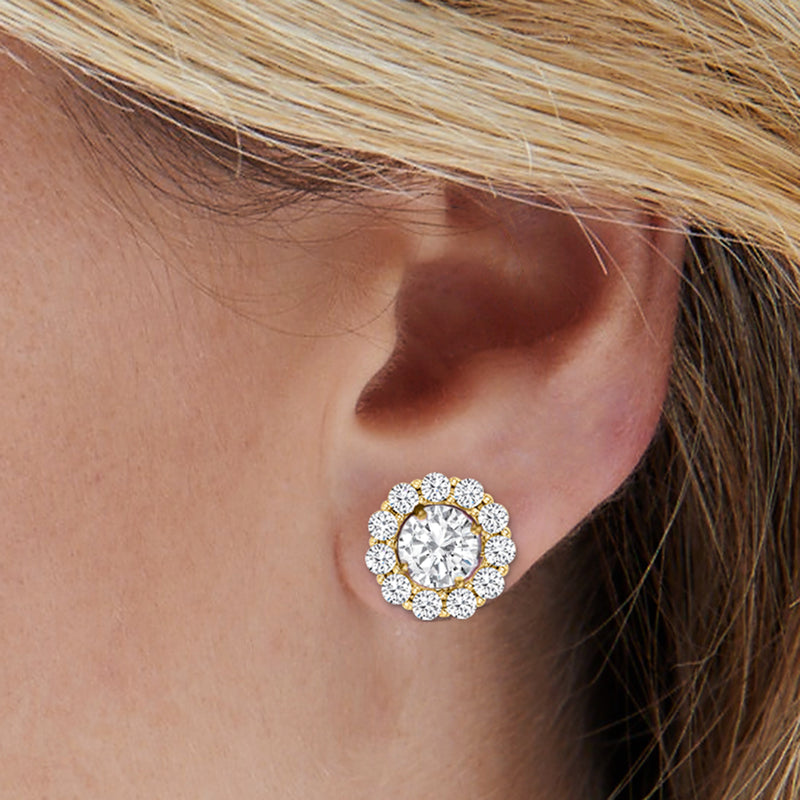 14kt yellow gold diamond earring jacket on ear, round halo with clustered stones