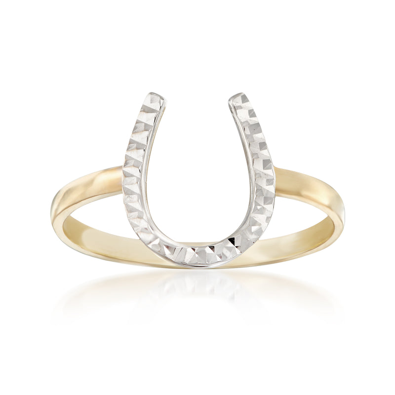Two-tone 14kt gold horseshoe ring with polished diamond-cut metal accents