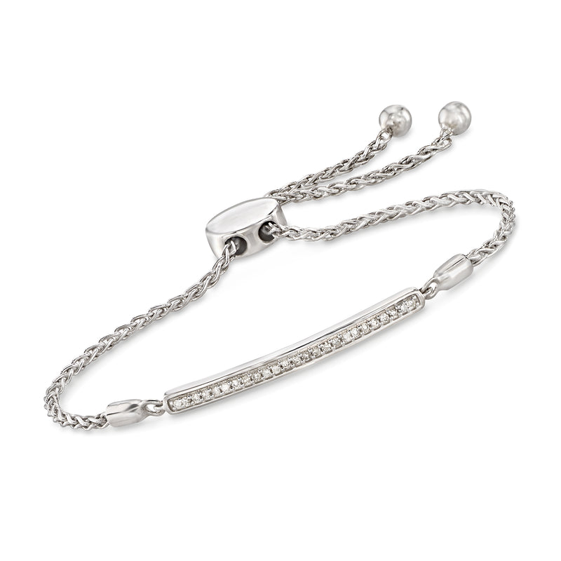 Sterling silver diamond bolo bracelet with engraved chain and rectangular stone bar