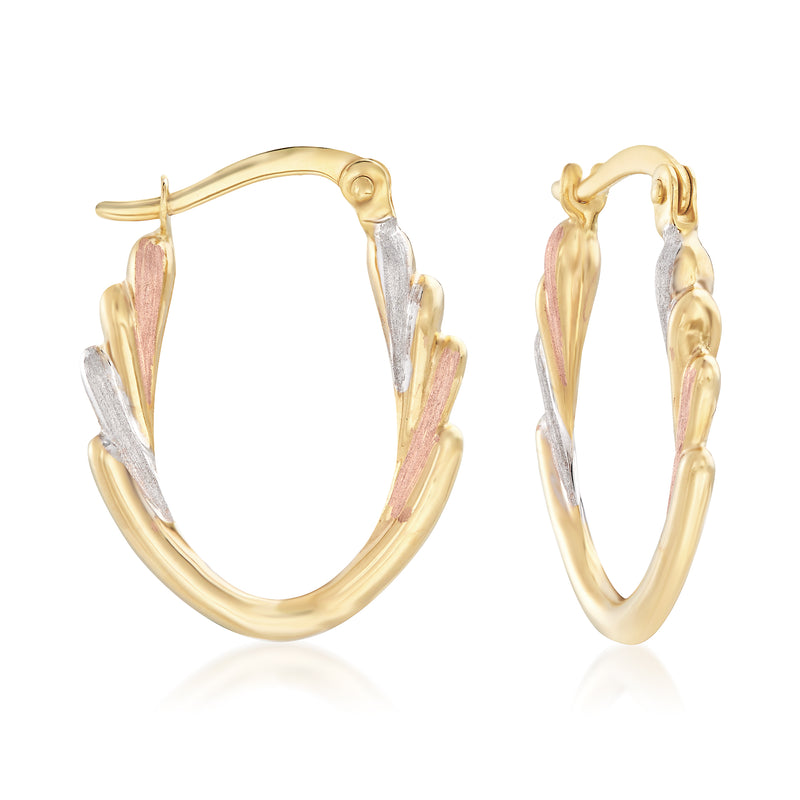 Tri-colored 14kt gold hoop earrings, oval hoops with yellow, white, and rose accents
