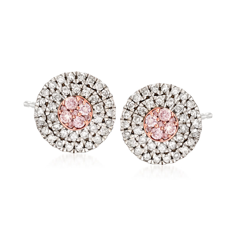 Round pink and white diamond stud earrings in two-tone gold