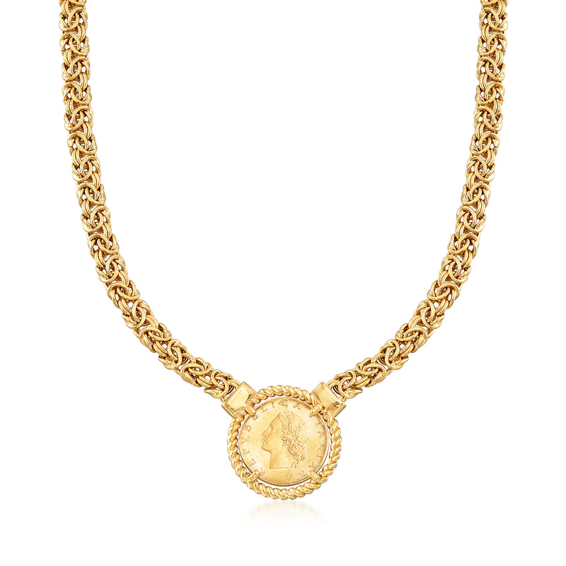 Gold-tone curb link necklace with round coin pendant and rope border bezel