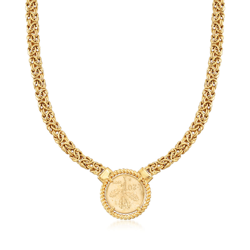 Gold-tone curb link necklace with round coin pendant, full chain view