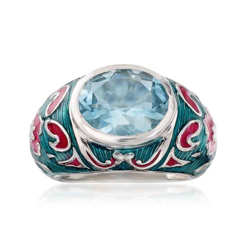 Sterling silver ring with sky blue oval gemstone and green-red multicolor enamel pattern
