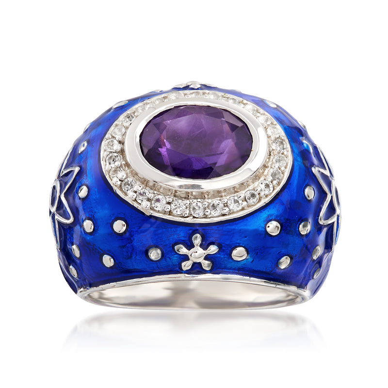 Sterling silver oval amethyst star ring, blue enamel with white stone halo