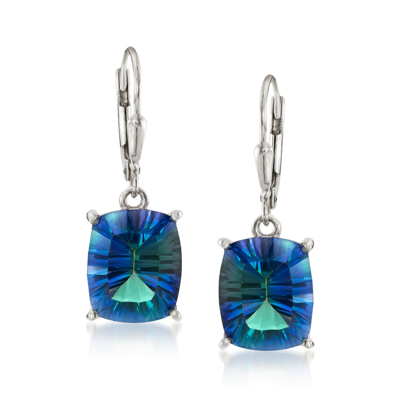 Sterling silver leverback drop earrings with blue quartz cushion-cut gemstone