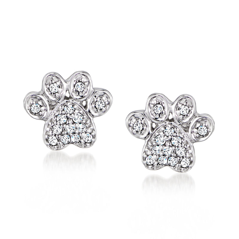 Sterling silver diamond paw print stud earrings with round crystal stones, post style