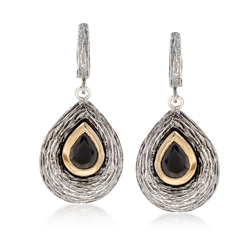Textured teardrop drop earrings with black onyx center and 14kt gold trim in sterling silver