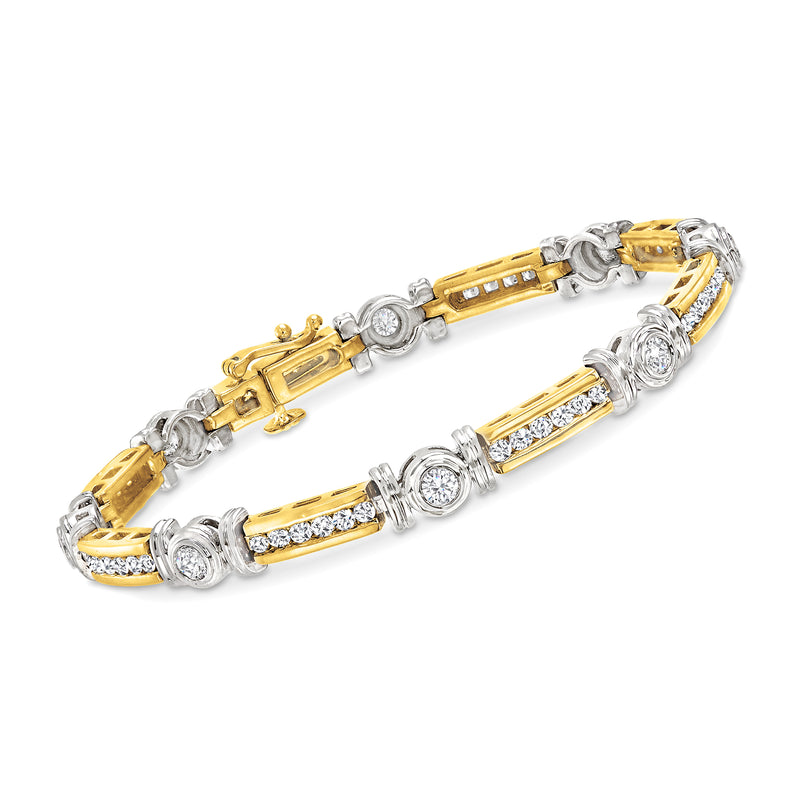 Two-tone 14kt gold diamond circle and bar bracelet with alternating round and bar settings
