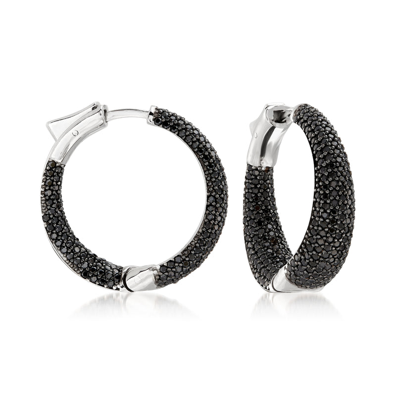 Sterling silver inside-out pave black spinel hoop earrings, open oval hoops