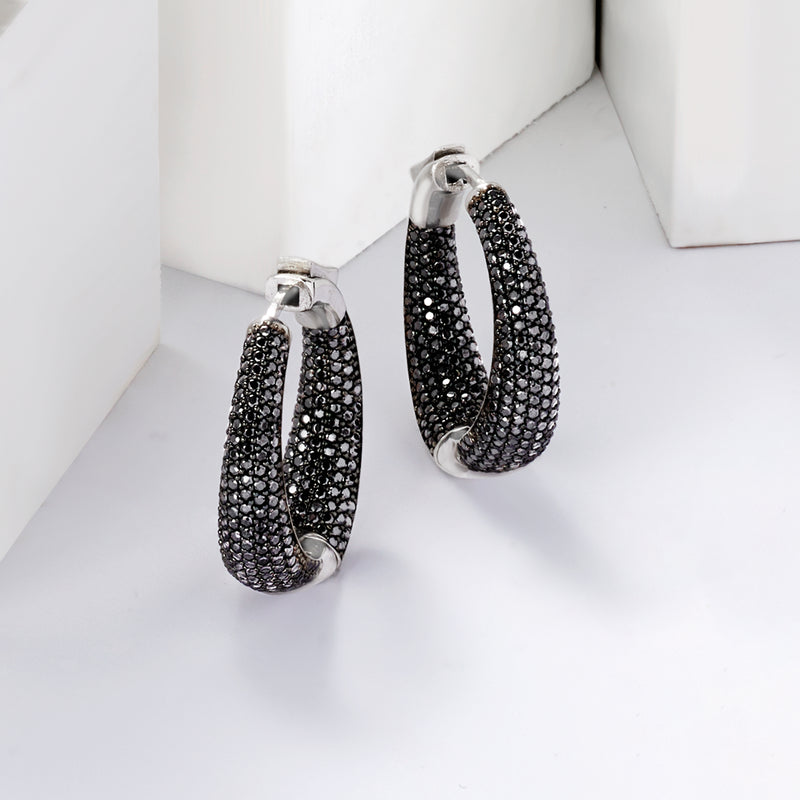 Sterling silver inside-out pave black spinel hoop earrings with hinged clasp