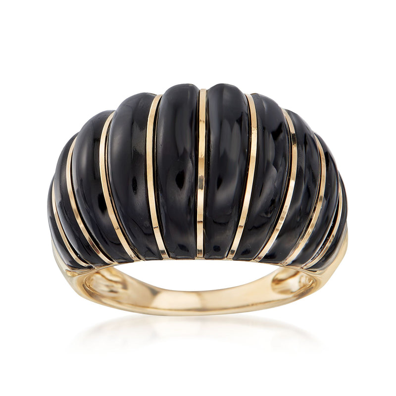 Black onyx shrimp ring with glossy black segments and 14kt yellow gold accents