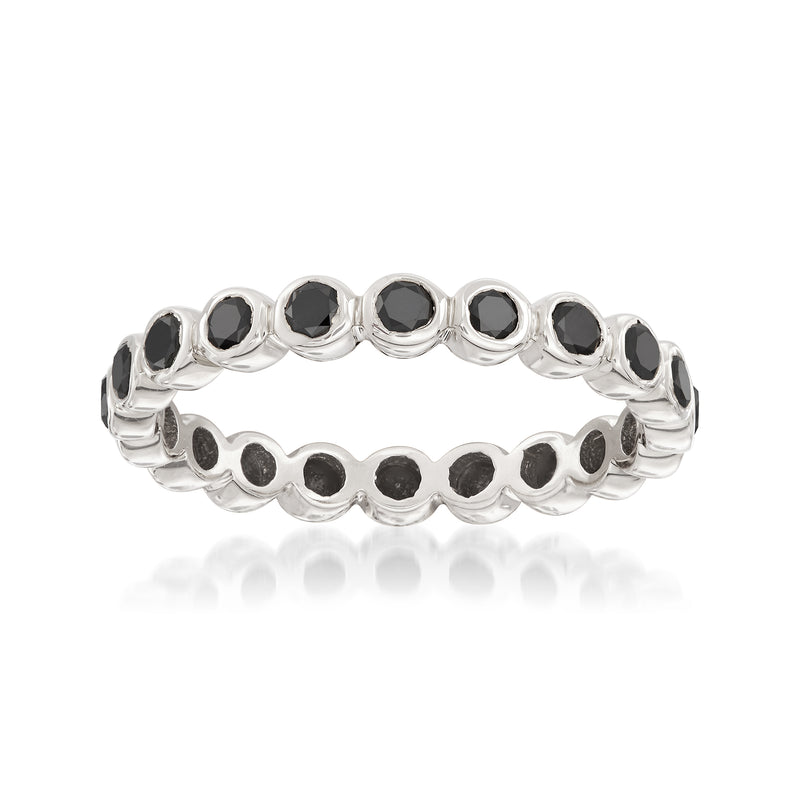 14kt white gold eternity band with bezel-set black diamond round stones