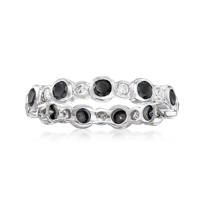 14kt white gold eternity band with black and white bezel-set diamonds, half-round profile