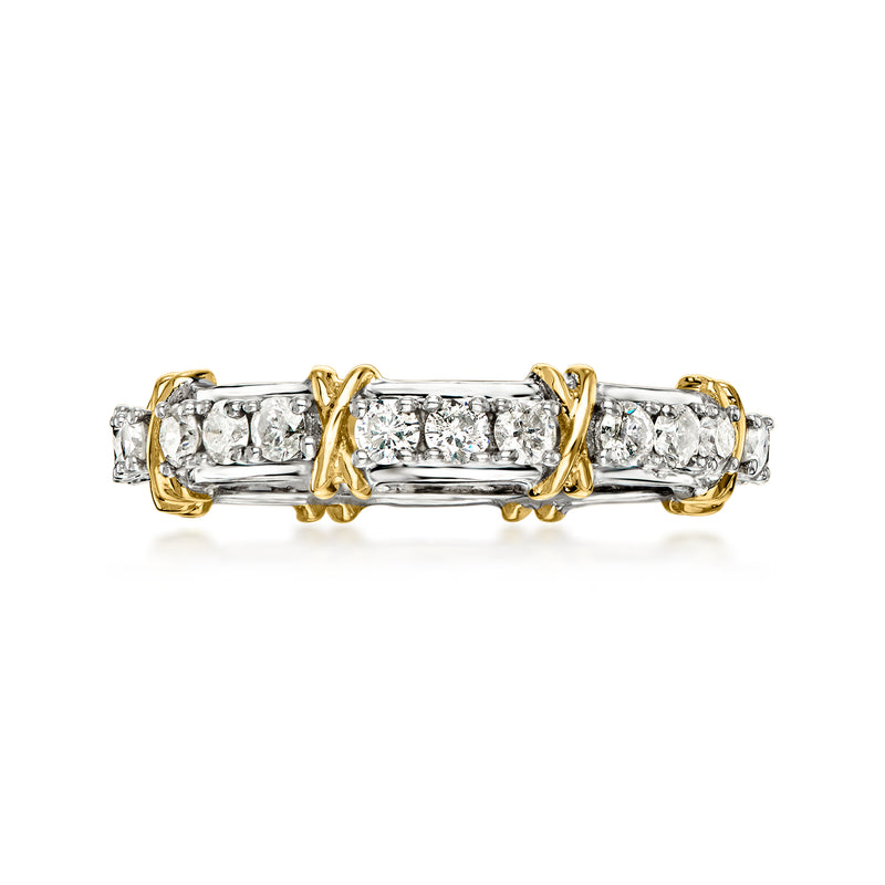 Diamond eternity band in sterling silver with 14kt gold links and prong-set stones