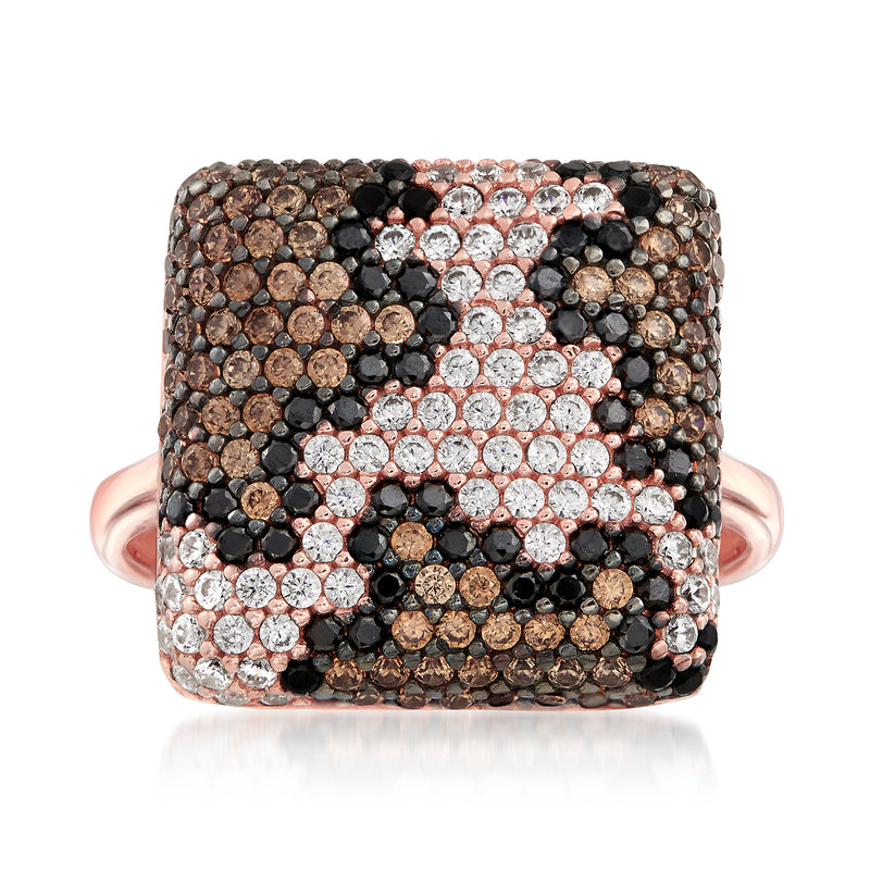 Multicolored CZ leopard print ring with black, clear, and golden stones; rose-gold band.