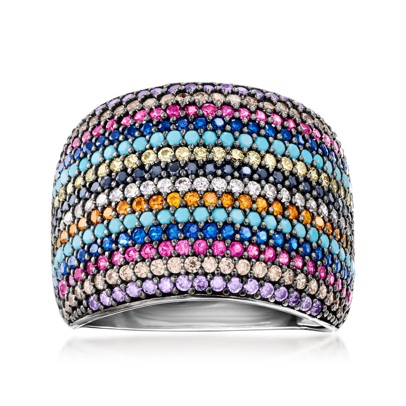 Multicolored CZ ring in sterling silver, domed band with pink, blue, purple, gold stones