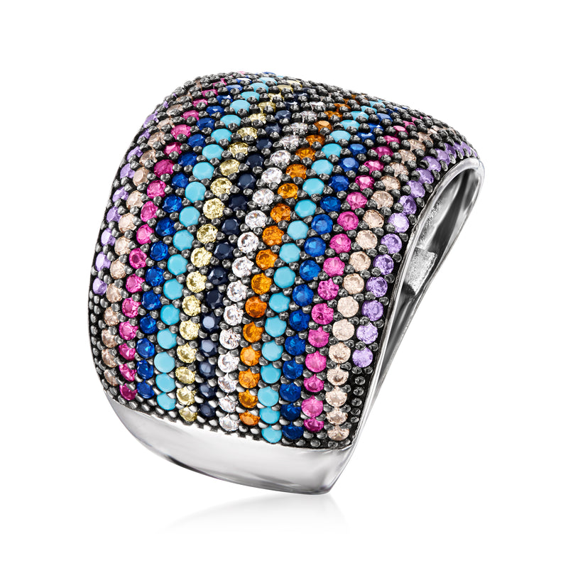 Sterling silver CZ ring with multicolored stone rows, shown from a side angle