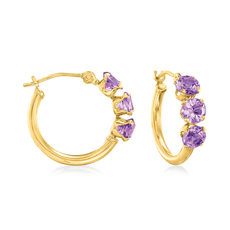 14kt yellow gold amethyst huggie hoop earrings with three purple gemstones