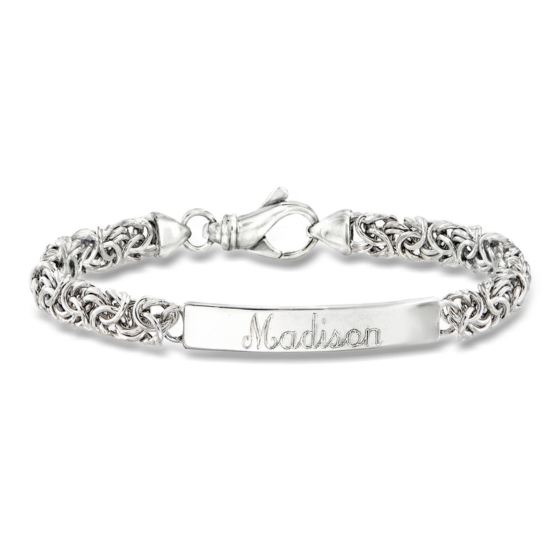 Sterling silver Byzantine ID bracelet with engraved Madison name on rectangular tag