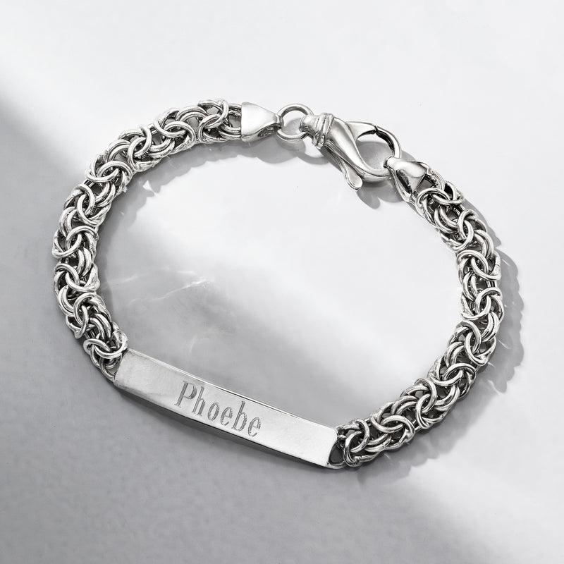 Sterling silver Byzantine ID bracelet with engraved Phoebe name on rectangular tag