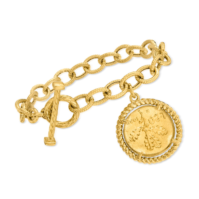 Gold-tone oval-link toggle bracelet with round coin charm and toggle clasp rings