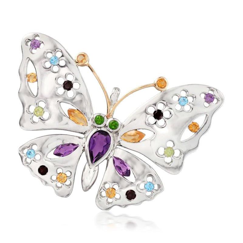 Sterling silver butterfly pin/pendant with multicolor gemstones and 14kt yellow gold accents