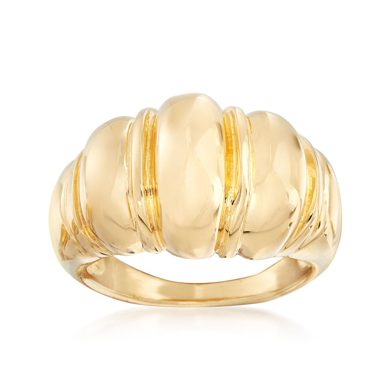 18kt gold over sterling dome shrimp ring with ridged band details, polished finish