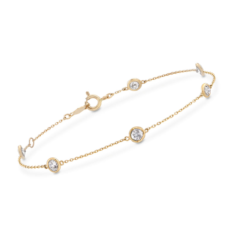 14kt yellow gold CZ station bracelet with round crystal stations and lobster clasp