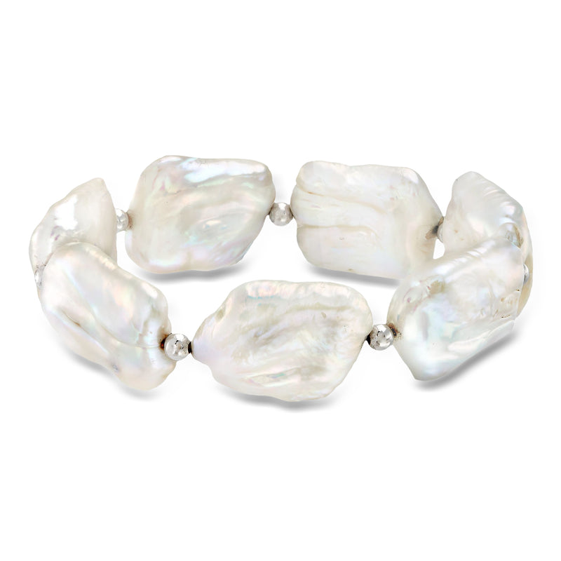 Cultured baroque pearl stretch bracelet with irregular white pearls and sterling silver spacers
