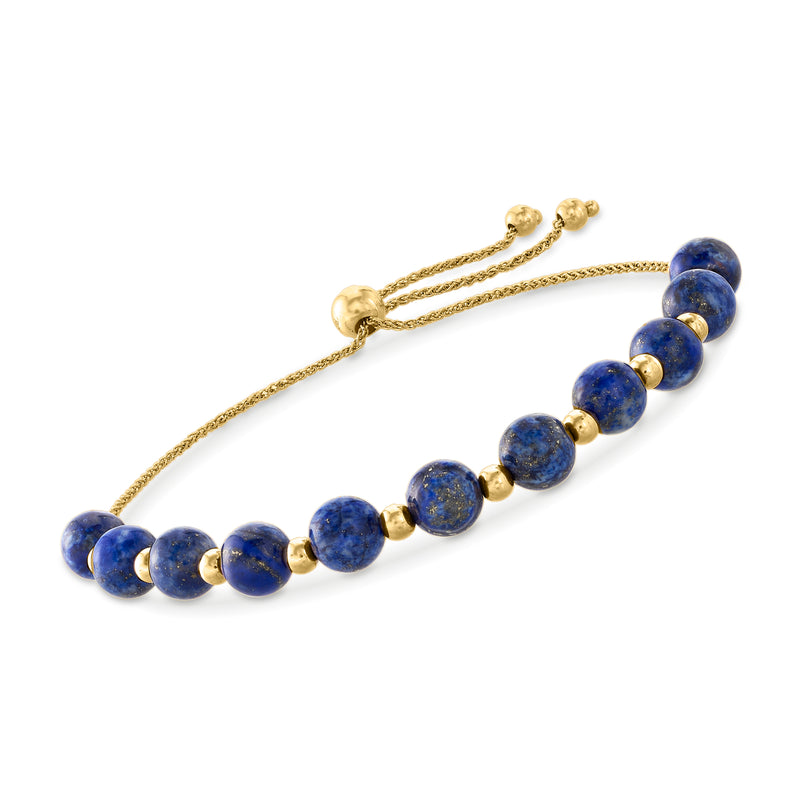 Lapis and 14kt yellow gold bead bolo bracelet with blue stone beads and gold clasp