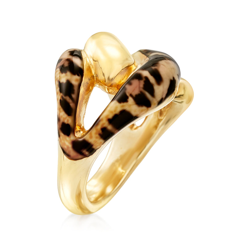 Gold-tone open-link ring with leopard-print enamel curved bar