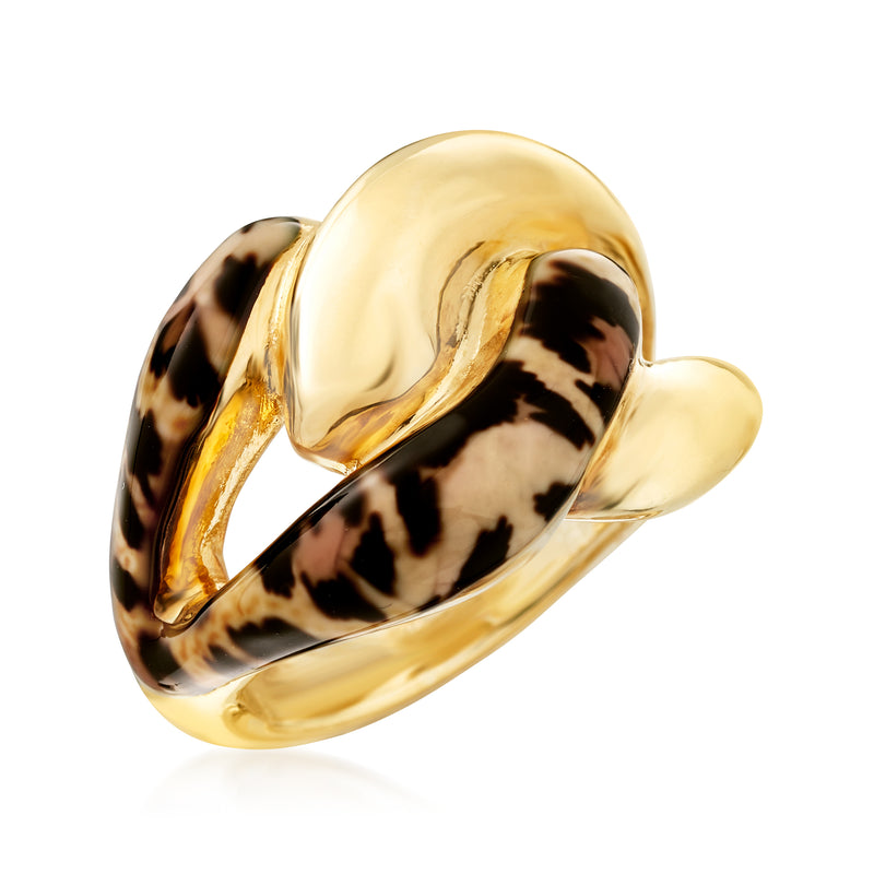 Gold-tone ring with glossy oval leopard-print enamel and raised frame