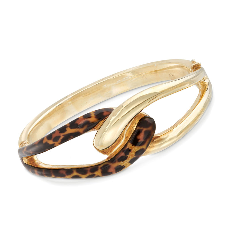 Gold over sterling bangle bracelet with oval leopard enamel insets