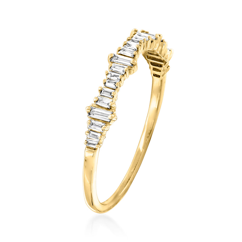 14kt yellow gold baguette diamond ring, side view with prong-set stones