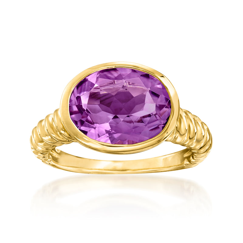 Oval amethyst gemstone ring in 18kt gold over sterling, purple stone with twisted gold band