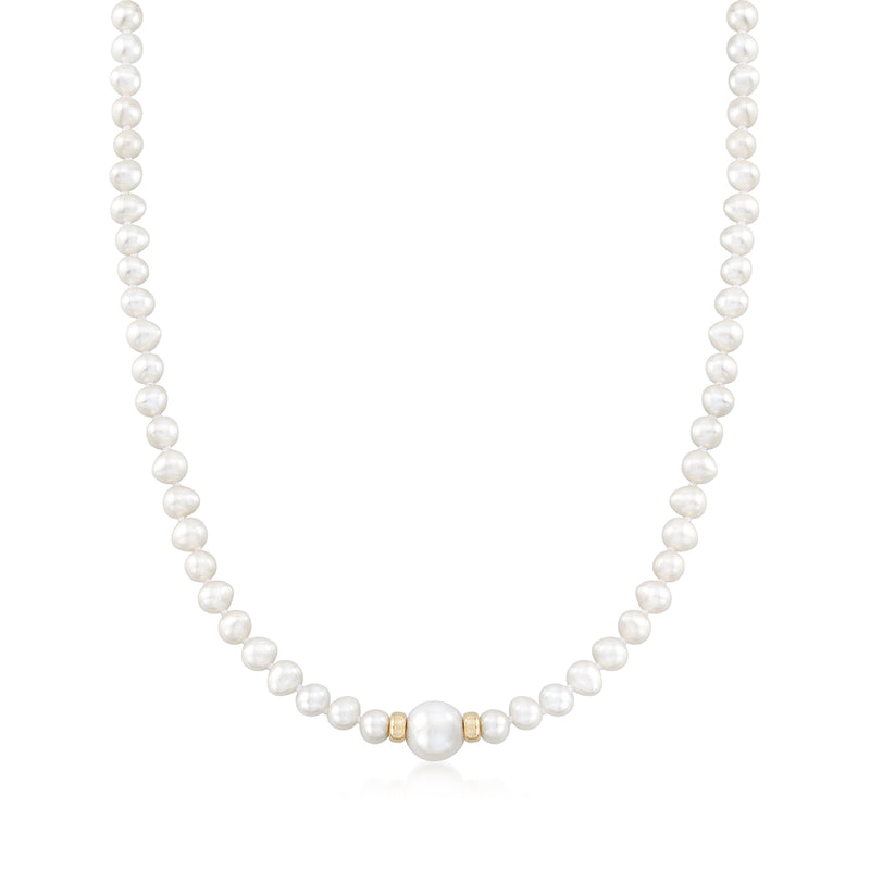 Cultured pearl necklace, mixed-size pearls, 14kt yellow gold clasp with center pearl