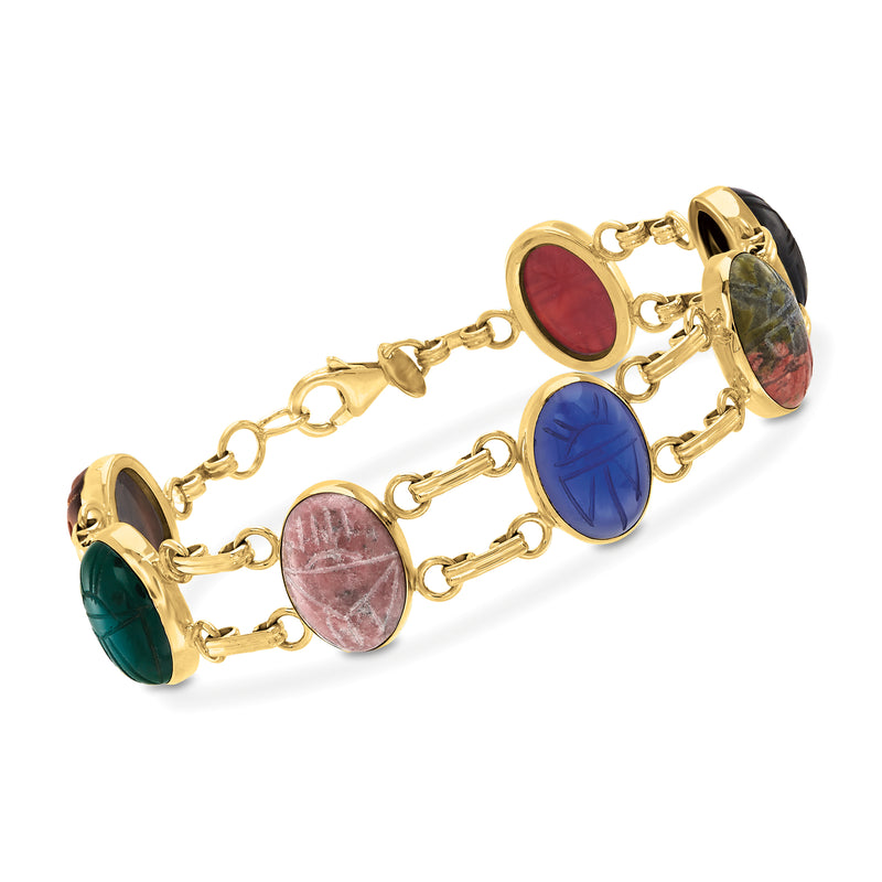 14kt yellow gold bracelet with oval multicolor gemstone charms and link chain