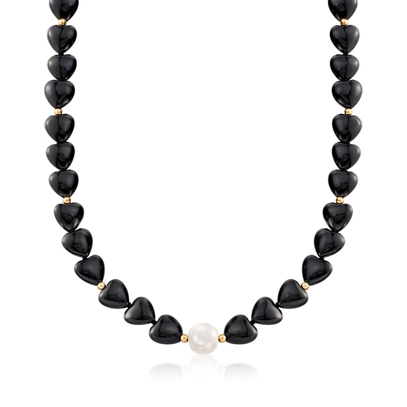 Cultured pearl and onyx heart bead necklace with 14kt gold accents