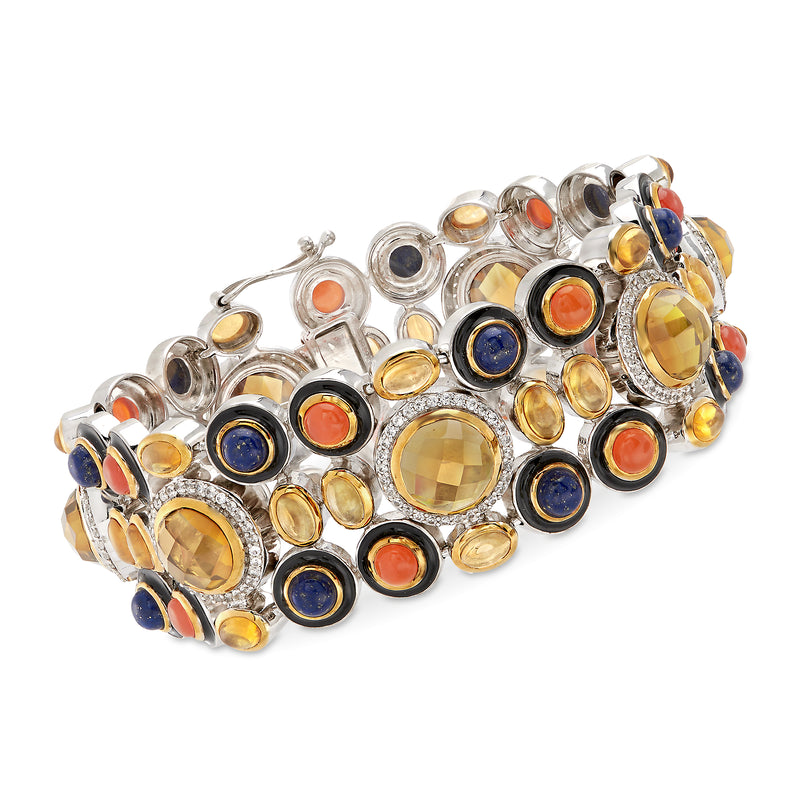 Sterling silver multi-gemstone bracelet with round enamel and gold-toned stones