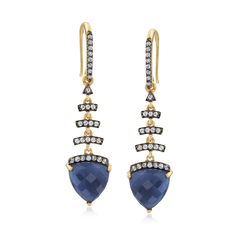 18kt gold over sterling drop earrings with dark blue teardrop sapphire and clear zircon tiers
