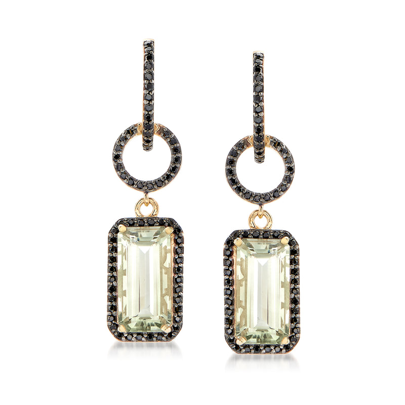 Gold-tone drop earrings with prasiolite-green rectangular stones and black stone halos