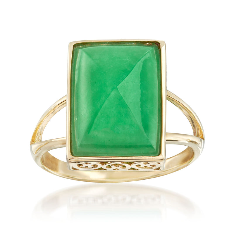 Square green jade cabochon ring in 14kt yellow gold with ornate setting
