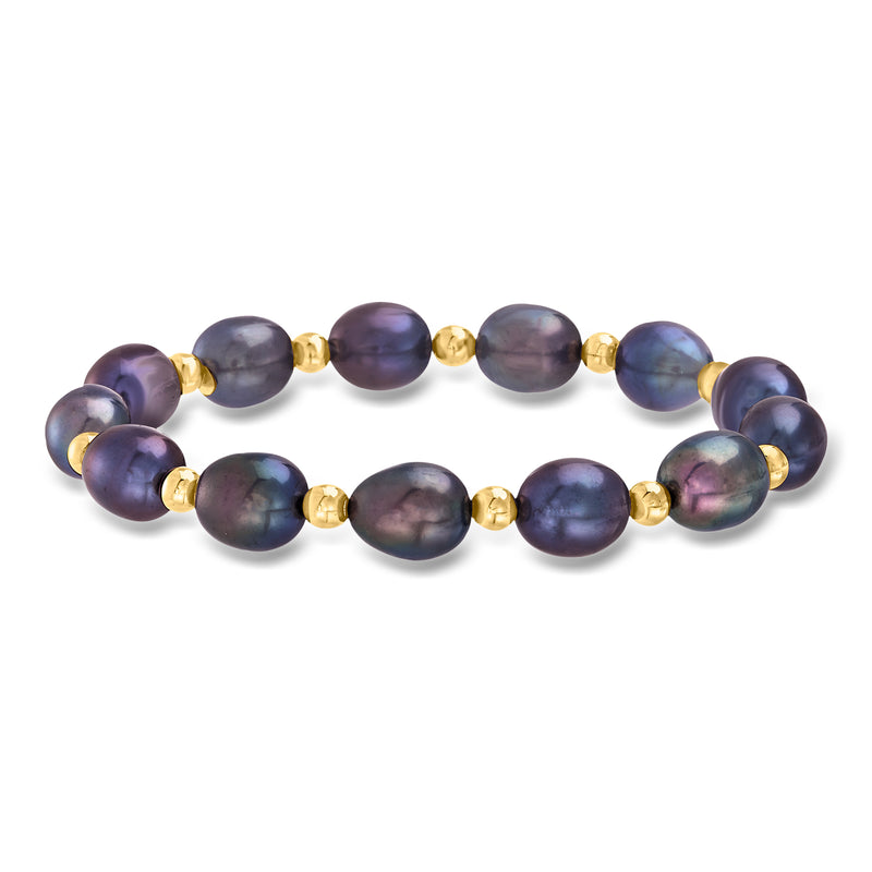 Stretch bracelet with dark cultured pearl beads and small 14kt yellow gold spacer beads